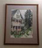 Watercolor of the California Gold Rush country (?) by artist Marilyn Simandle (American, b. 1946)   Framed size = 22" x 27" 