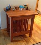 One of a pair of cherry Mission-style end tables by McKinnon  (20" x 24" x 24" high)  They'd make great nightstands too!  Bear figurines incl. one Lladro & vintage "Pooh's Pencil Pot & Sharpener" in back right corner