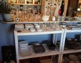Kitchen stuff - egg coddler, square white Crate & Barrel dishes, small Pyrex glass bowls & other ramekins, baking pans & more
