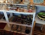 Studio pottery tableware set (dishes - service for 4) + a few Pfaltzgraff dishes on the bottom shelf