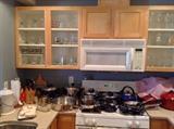 Kitchen items including Henckels knives, pots & pans by Revere Ware & more, ceramic compost bin & drinking glasses