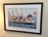 Framed watercolor of sailboat & crew by Lynn Lever (Kingston artist).  Framed size = 28.5" x 21.5"