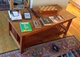 Cherry wood Mission-style coffee table with drawer by McKinnon Furniture Co. (48" x 24" x 18" high) + Nook Simple Touch reader w/ GlowLight, Schreiber recorder, chess set & fun vintage books