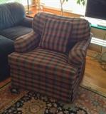 Blue/green/red plaid club chair by Norwalk - with down wrapped seat cushion.  Super comfortable! 