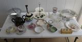 Service Master 2 qt. Covered Casserole & Warmer, Antique Cups & Saucers, R. Sudlow & Sons-Burslem-England Teapot, Vintage Westfield Batman Cup, Milk Glass Hen on Basket, Antique Round Vase, Noritake Bowl, Noritake-Lamara-Japan Dbl Handle Bowl, Avon 1988 Happy Birthday Bowl, Metlox Calif. Ivy Handpainted Tiered Tray, Della Robbia Teapot, Casserole with Cradle
