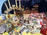 Souvenir California pillow cover, old postcards photographs and ephemera, old photo album with photos, brass candelabra 