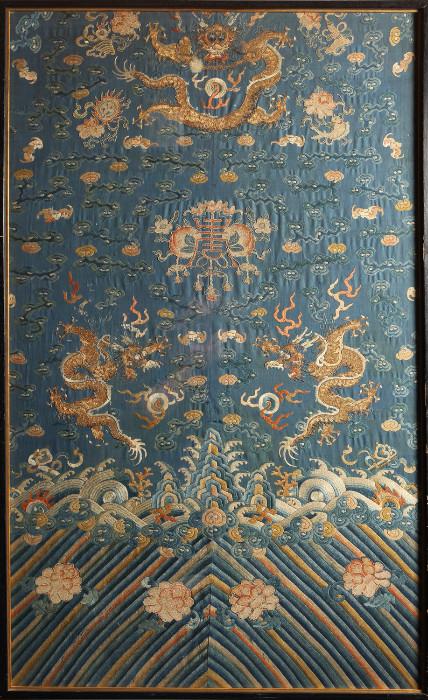 Lot 54:  Chinese Embroidered Qing Chi’Fu Framed Silk  Robe Fragment
