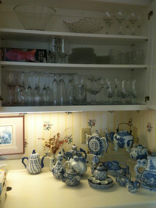 Lovely blue & white teapot collection, stemware & more Fostoria