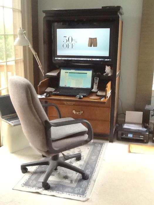 Century TV hutch/desk w/ 3 drawers, includes built-in TV, office chair