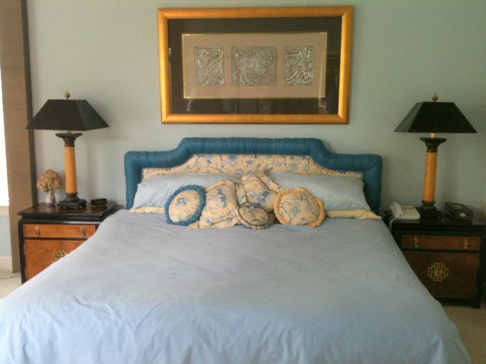 Custom king headboard w/ matching throw pillows, pair of Century nightstands, pair of matching lamps, framed Asian triptych 
