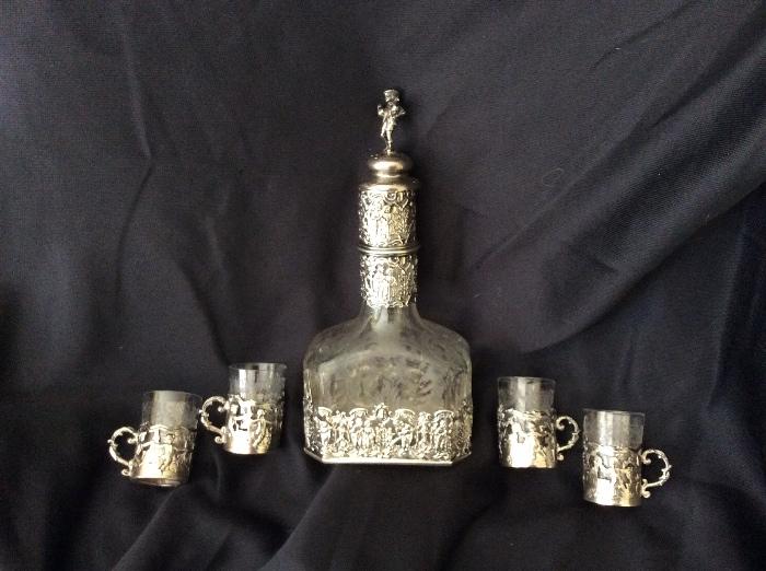 800 silver liqueur set w/ etched glass bottle & 4 cups