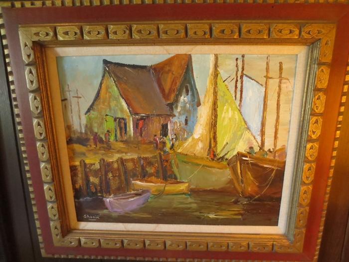 Signed Shanin oil, waterfront sceen