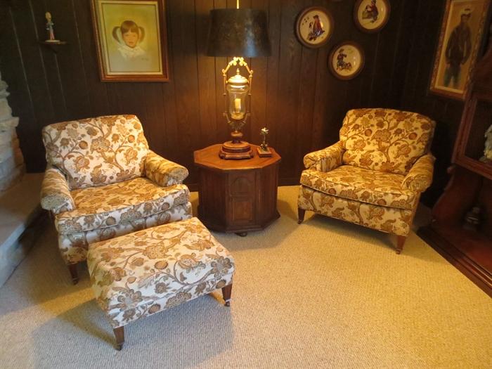 PR. floral club chairs w/ one ottoman