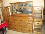 Maple Long Chest of Drawers with mirror and 2 night stands, and bed