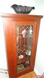 SMALL VINATGE OAK STAIN GLASS CABINET