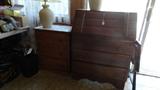 drop front desk and a three draw chest
