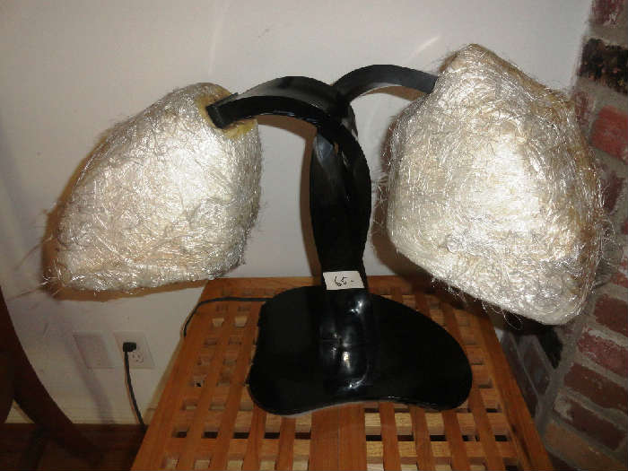 Black lucite vintage lamp with fuzzy shades