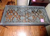 iron , wood inset ,glass top coffee table
