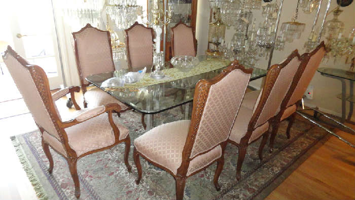 lucite and glass top dining table and six french style chairs