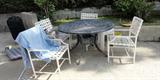 vintage iron patio furniture and metal bird bath