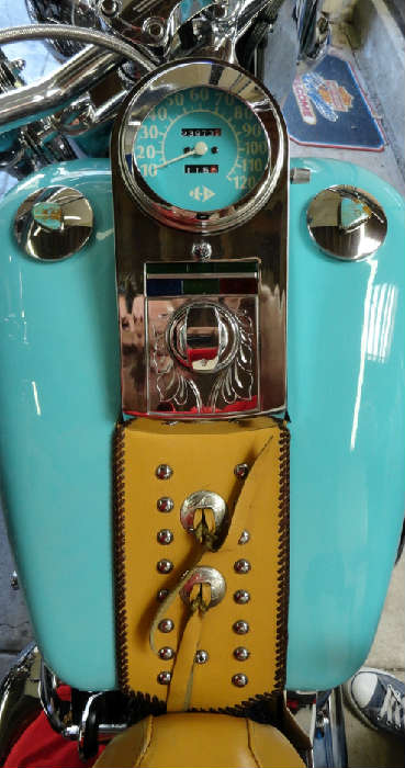 Beautiful turquoise painting gas tank on Vintage tricked out customized southwestern style Harley Davidson motorcycle with 23,973.2 original miles @ www.crowncityestatesales.com.
