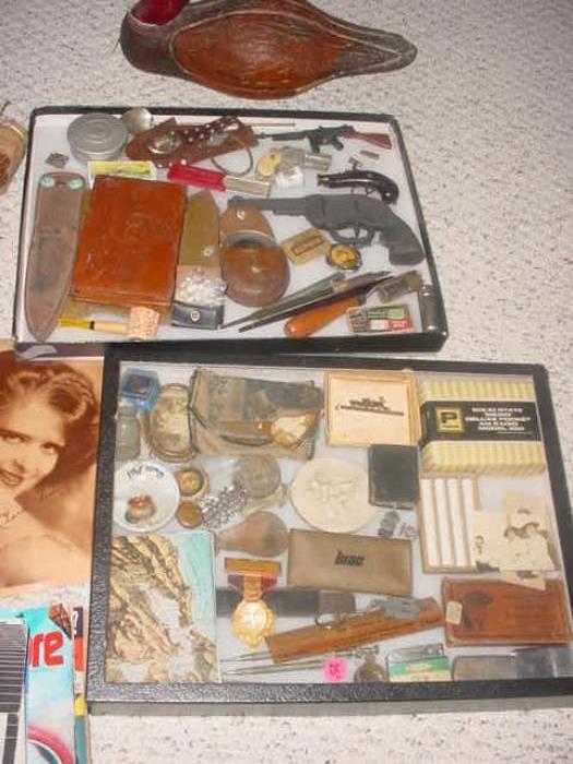 Large assortment of vintage smalls, toy guns, old medals, drafting sets, knives, old photos, old foreign coins & paper money