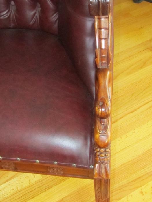 Close up of detail carving on Set of 2 Club Chairs -