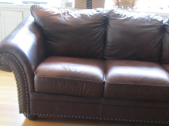 Brown Leather, 3 Seater Sofa with Brass Studs, Excellent Condition- $895 - Distressed Look