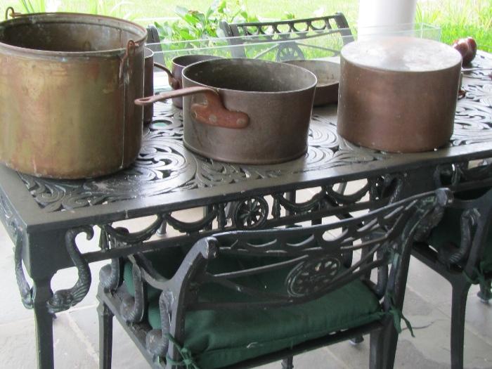 Antique Brass Pots and Large Black Patio Set with 6 Chairs