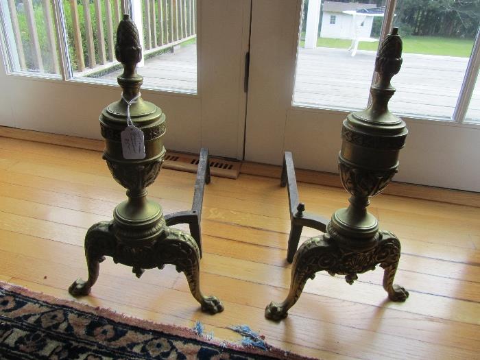 Pair of Solid Brass Antique French Andirons