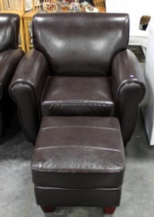 Over Stuffed Brown Leather Arm Chair and Ottoman