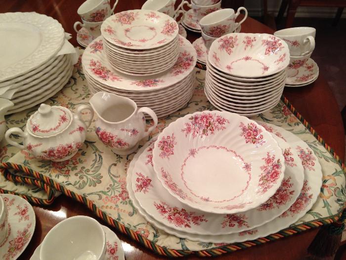 Johnson Brothers "Marlow" pattern set of 12 place settings, platters, serving bowl, creamer and sugar.