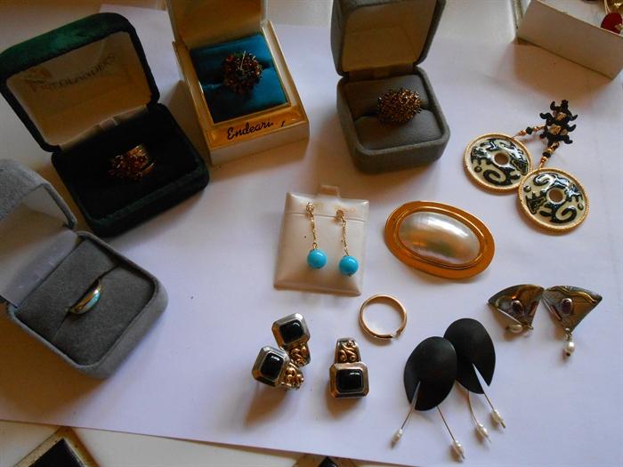 Just beginning the jewelry-sapphire & gold ring, ruby & gold ring-multi-stone dome ring in gold-sterling with 18K gold onlay earrings & pendant-Lunch at the Ritz earrings (lots of pairs)