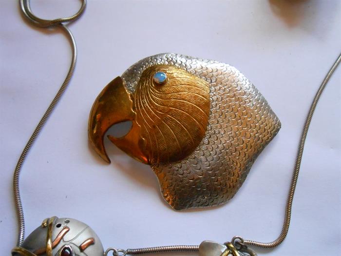 Sterling & brass parrot brooch-opal eye-signed