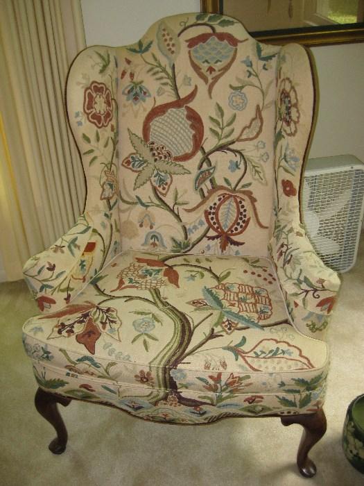 designer crewel embroidered wing back chair, one of 2 Woodmark originals by Mary Wood