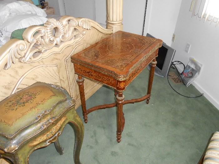 Italian Painted Chest on Legs & French Inlaid Card Table
