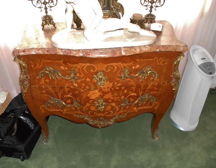 Antique French Inlaid Commode with Bronze Mounts & Marble Top