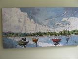 24" x 48" Oil painting by Michigan artist E. Iamba Mullens, "Sailboats".  See her work on Facebook.com/iambapaintings
