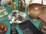 Copper cauldron with Delft handle, hammered steel bowl by Atticus, duck "piggy" bank, rooster stuff