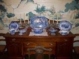 Large English transferware platter with sporting dog (1820-30) $300.00,  Liberty Blue 8 place with serving pieces--all for $200.00