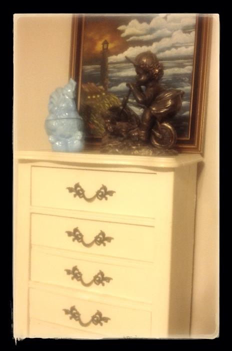 Tall chest, blue chicken, decor 