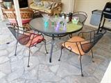 Retro outdoor table with glass top, 4 chairs with pads