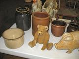 Red Ware Carved Wood Vintage Pig, Yellow Ware