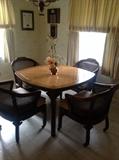 WONDERFUL BREAKFAST OR CARD TABLE WITH DELIGHTFUL CANE BACK CHAIRS. TABLE HAS AMAZING BRASS INLAY. A MADMEN MCM TREASURE