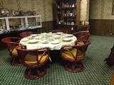 THIS LARGE BANQUET TABLE HAS 6 SWIVEL RATTAN CHAIRS! MADMEN PAY ATTENTION !! HOW ABOUT A MIDCENTURY POKER TABLE. BE THE ONLY ONE IN YOUR GROUP TO HAVE ONE !! OH,THERE IS A RECTANGLE ON TOO!!