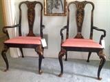A PAIR OF BAKER HAND PAINTED ARM CHAIRS & FRAMED IS EMBROIDERED SILK DEPICTING CHERRY BLOSSOM W/PHEASANTS! 