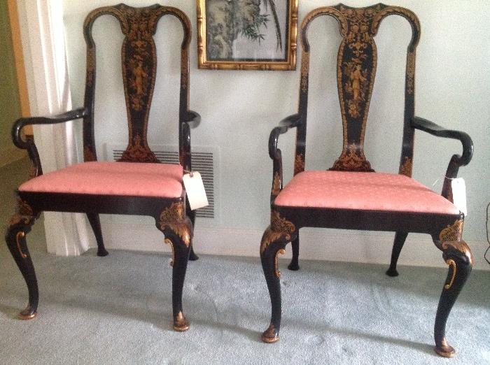 A PAIR OF BAKER HAND PAINTED ARM CHAIRS & FRAMED IS EMBROIDERED SILK DEPICTING CHERRY BLOSSOM W/PHEASANTS! 