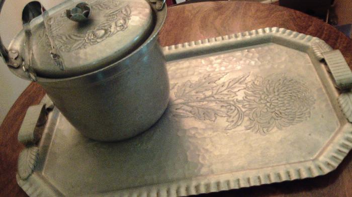 Vintage aluminum embossed tray, ice bucket, and tongs!  Retro all the way!!!