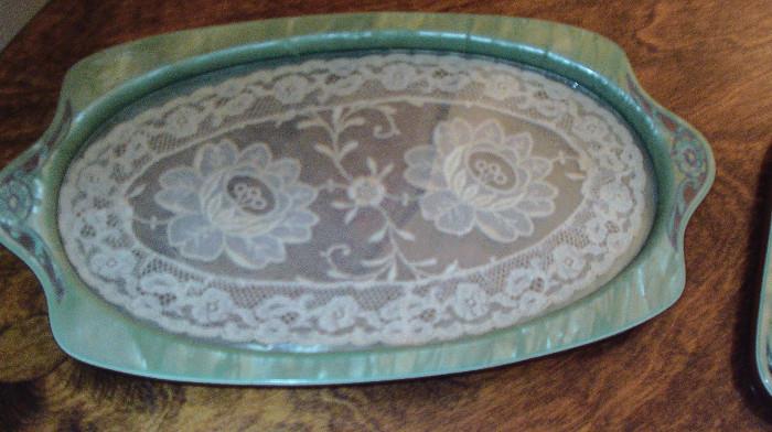 Mint condition dresser tray with hand-made lace insert!  The stitches are so tiny it is hard to imagine anyone doing this by hand--but they did!!