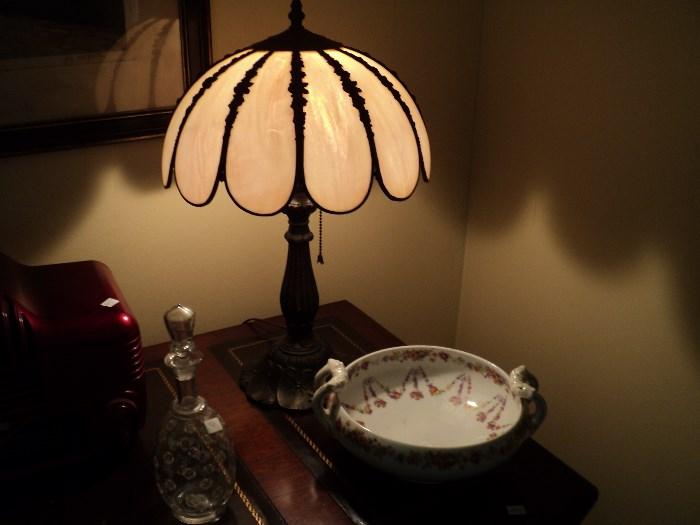 Another view of the wonderful antique lamp and porcelain bowl with handles!